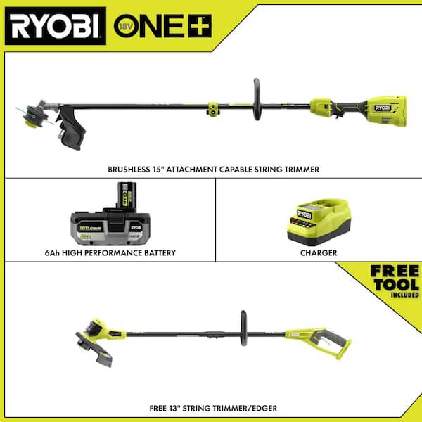 ONE+ HP 18V Brushless 15" Attachment Capable String Trimmer w/ 6.0 Ah Battery, Charger, & FREE ONE+ 13" String Trimmer
