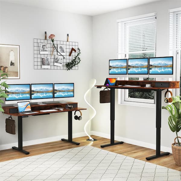 63 in. Rustic Brown Standing Desk with Drawers Electric Stand-up Desk with Monitor Stand