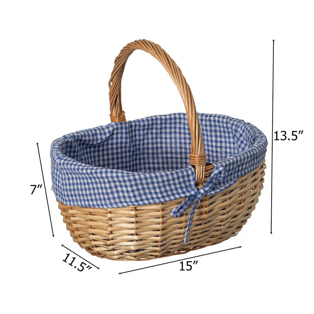 Large Natural Wicker Picnic Basket with Blue Plaid Liner