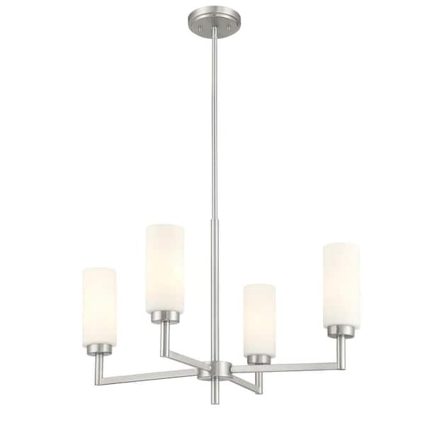 Meridian 26 in. W x 17 in. H 4-Light Brushed Nickel Contemporary Chandelier with White Opal Glass Shades