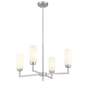 26 in. W x 17 in. H 4-Light Brushed Nickel Contemporary Chandelier with White Opal Glass Shades