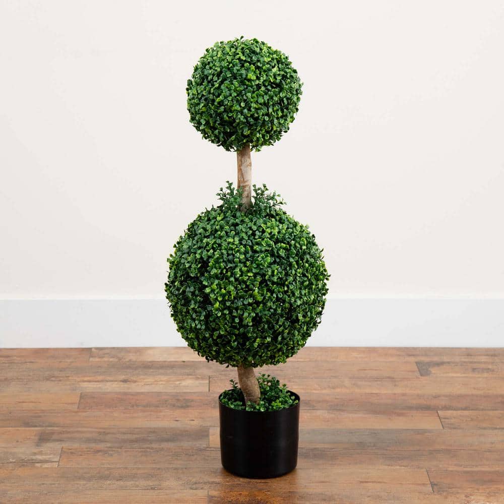 35" Green Double Boxwood Topiary in Black Pot