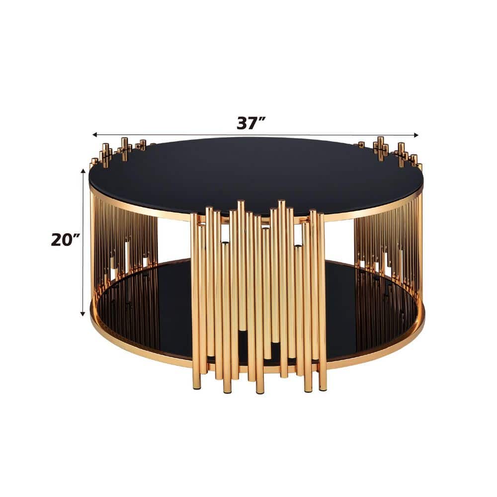 Tanquin Black Glass and Gold Round Coffee Table with Shelf