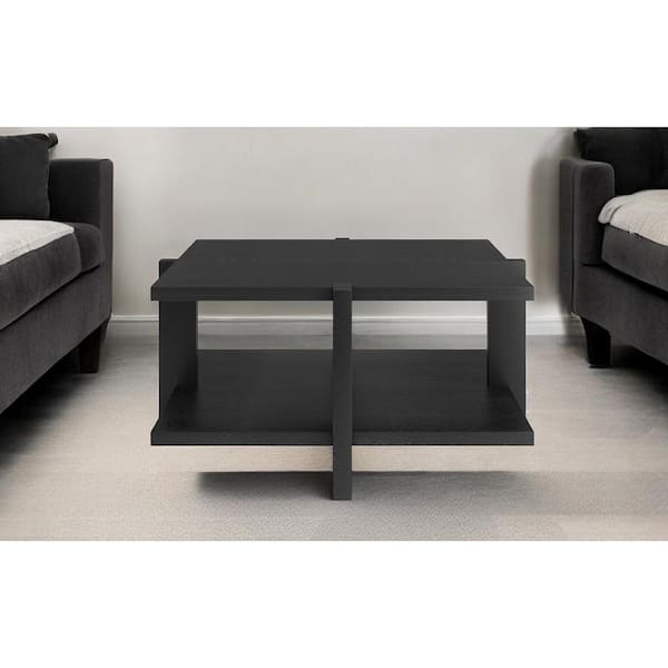 HomeRoots 34.66 in. Black Square Wood Coffee Table with Shelves;Storage