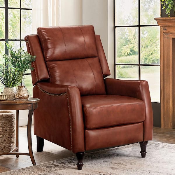 Hania Dark Reddish Brown Genuine Leather Recliner Chair Arm Chair with Rivets and Retractable Footrest