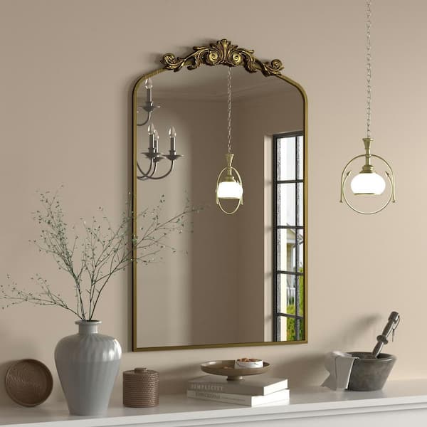 Apmir 20 in. W x 32 in. H Arch Aluminum Alloy Framed French Cleat Mounted Baroque Wall Decor Bathroom Vanity Mirror in Gold