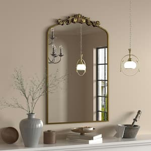 20 in. W x 32 in. H Arch Aluminum Alloy Framed French Cleat Mounted Baroque Wall Decor Bathroom Vanity Mirror in Gold