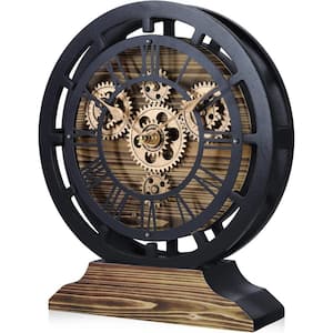 10 in. Analog Wooden Real Moving Gears 2 in 1 Desk Clock, Vintage Mantel Clocks for Living Room Decor