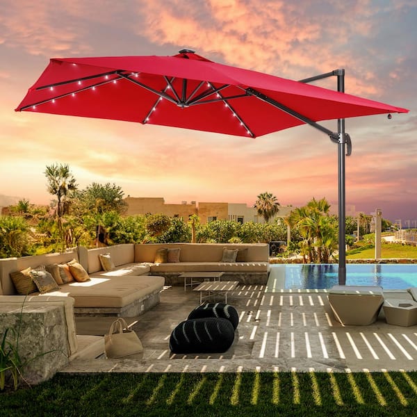 JOYESERY 9 ft. x 9 ft. Outdoor Square Cantilever LED Patio Umbrella - 240 g Solution-Dyed Fabric, Aluminum Frame in Rust Red