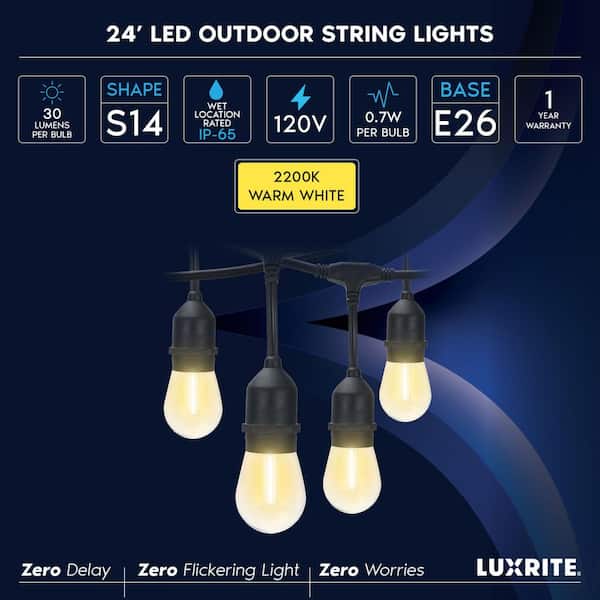 12-Light 24 ft. Outdoor Plug-in LED Edison String -Light S14 LED Bulbs IP65 ETL Commercial Grade