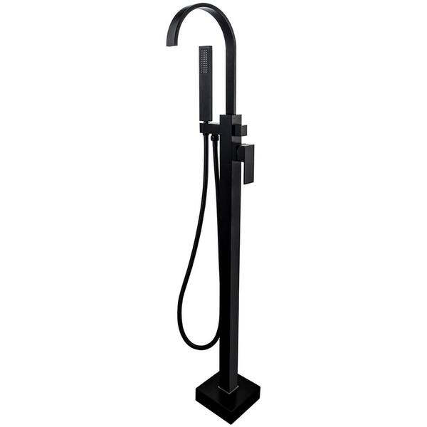 Waterfall Single Handle Floor Mount Freestanding Tub Faucet Bathtub Filler with Hand Shower in Matte Black