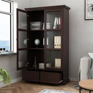 70.9 in. H Brown Wood 2-Acrylic Door Accent Cabinet with 3-Tier Shelves and 2-Drawers Storage Cabinet Bookshelf Cupboard