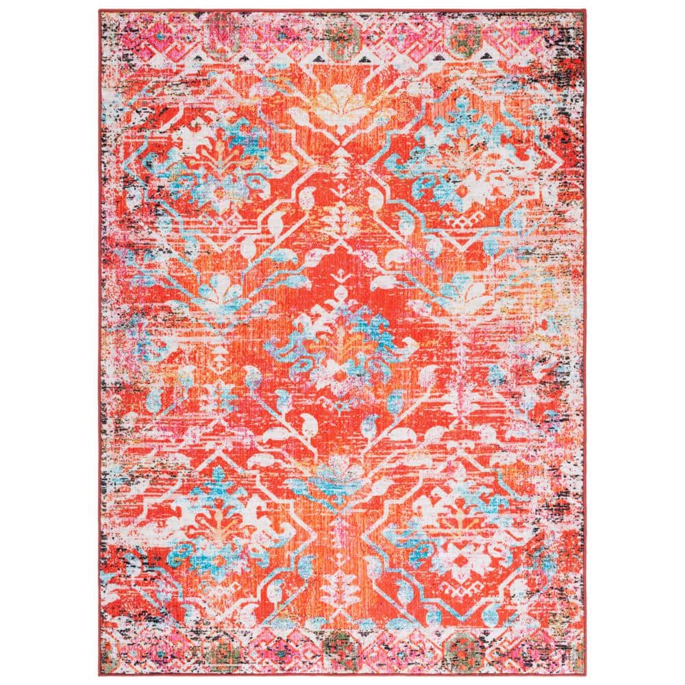 Orange and Light Blue 8' x 10' Synthetic Washable Area Rug