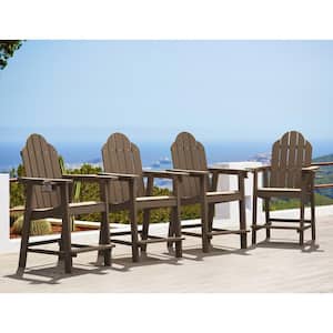 Hampton Coffee Brown Plastic Patio Tall Adirondack Chair Weather Resistant Outdoor Bar Stool with Cup Holder (Set of 4)