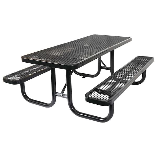 Unbranded 61 in. Black Rectangle Steel Picnic Table Seats 6-People with Umbrella Hole Outdoor Picnic Table