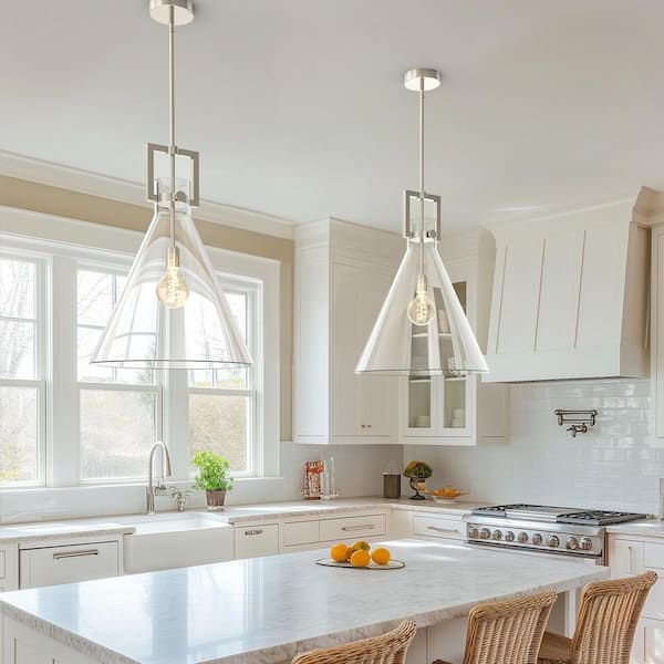18 in. 1-Light Modern Cone Brushed Nickel Pendant Light with Clear Glass Shade for Kitchen Island