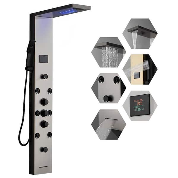 5-in-1, 8-Jet Shower Panel Tower System with Rainfall Waterfall Shower Head, and Massage Body Jets in Black Nickel