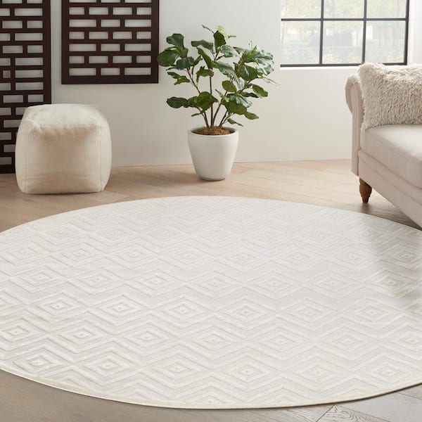 Versatile Ivory White 10 ft. x 10 ft. Diamond Contemporary Round Indoor Area Rug