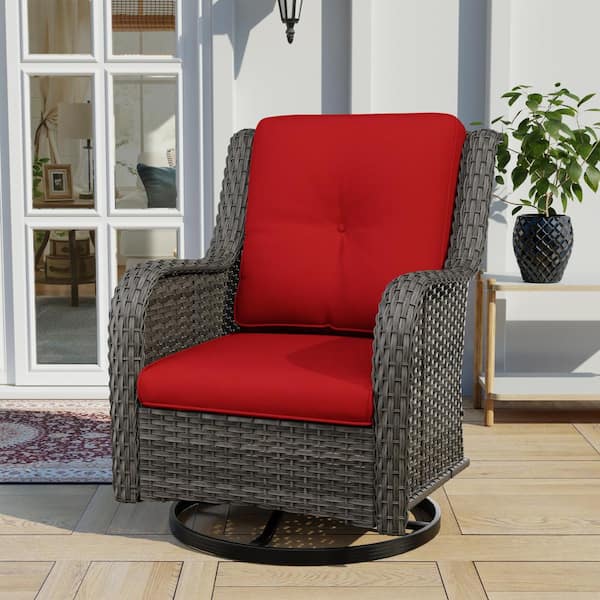 Gardenbee Wicker Outdoor Patio Swivel Rocking Chair with Red Cushions (1-Pack)