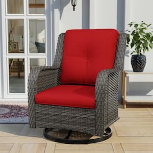 Wicker Outdoor Patio Swivel Rocking Chair with Red Cushions (1-Pack)