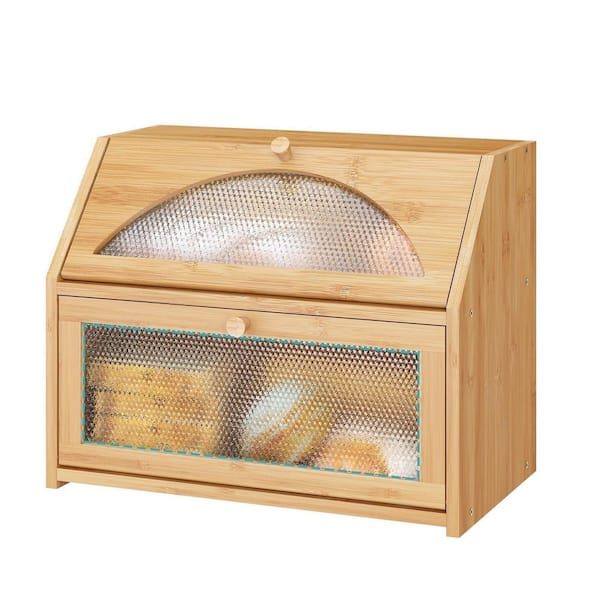 1-Piece Bamboo Bread Box for Kitchen Counter, Double-layer Bread Storage Bin, Acrylic glass with Diamond Patterns