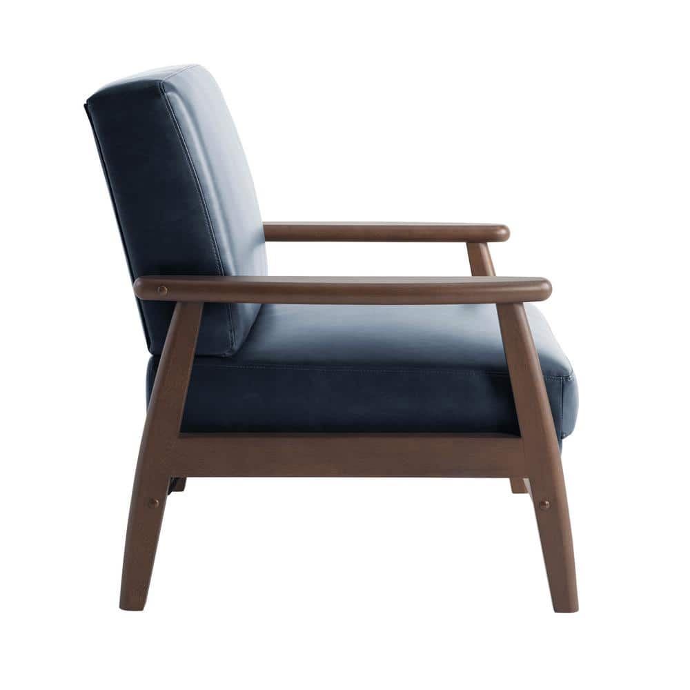 Navy Blue Faux Leather Barrel Accent Chair with Wood Frame