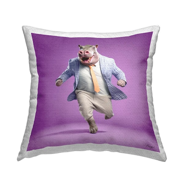 Stylish Hippo on Purple Purple Square Outdoor Throw Pillow