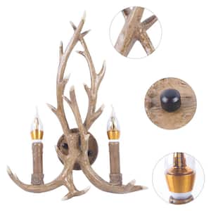 2-Light Brown Resin Antlers Retro Style Wall Sconce Indoor Decoration