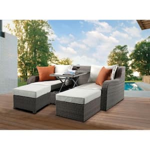 Gray 3-Piece Wicker Outdoor Sectional Set with Beige Cushions Ottomans and Lift Table
