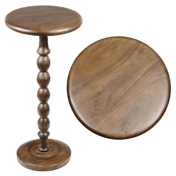 Augustus 11 in. Cottage Classic Spindle Wood Pedestal Round Drink Table and Decorative End Table, Dark Brown