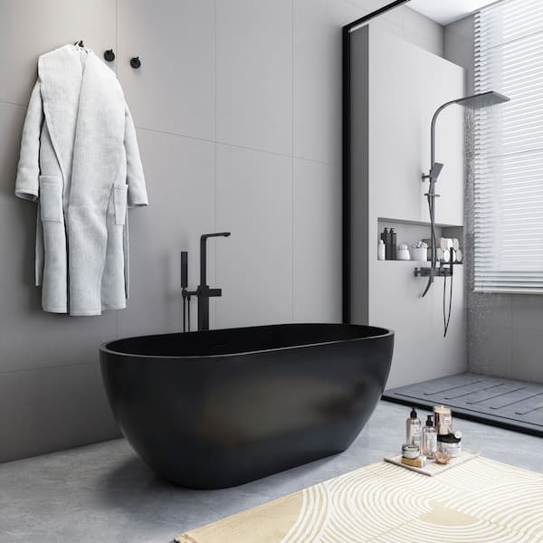 59 in. x 29.5 in. Artificial Stone Soaking Bathtub in Black Solid Surface Modern Tub with Overflow and Pop-up Drain