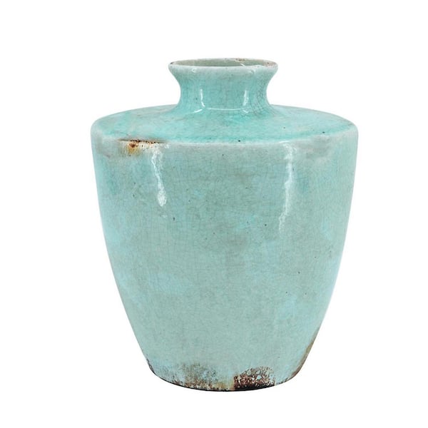 HomeRoots 11.6 in. Blue Terra Cotta Round Decorative Vase