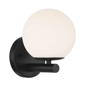 Crown Heights 6 in. 1-Light Matte Black Contemporary Wall Sconce with Etched Opal Glass Shade