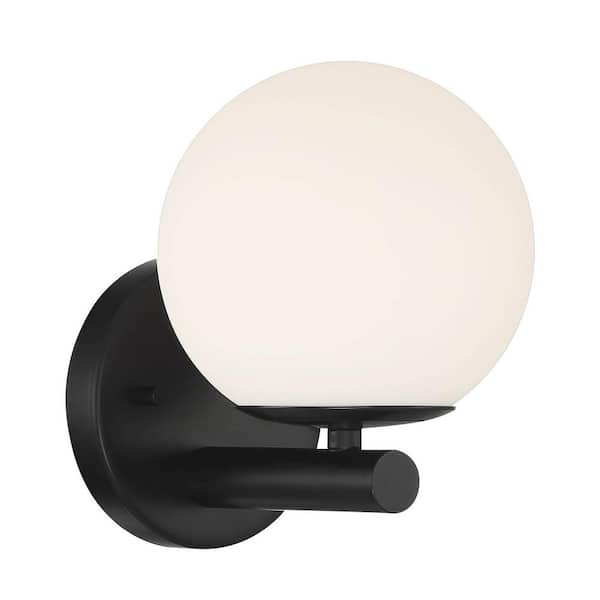 Designers Fountain Crown Heights 6 in. 1-Light Matte Black Modern Wall Sconce with Etched Opal Glass Shade