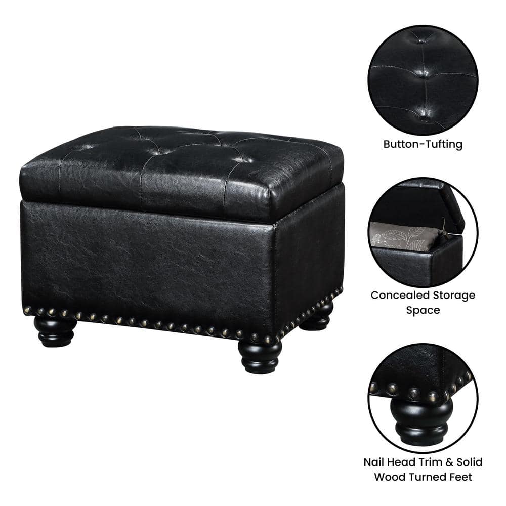 Black Tufted Storage Ottoman with Nailhead Trim