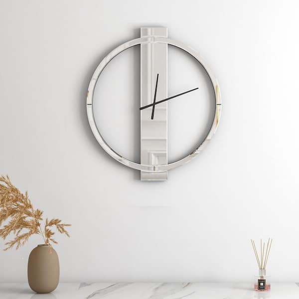 THKSHOUZ Modern Silver Mirror Wall Clock, Round Analog with