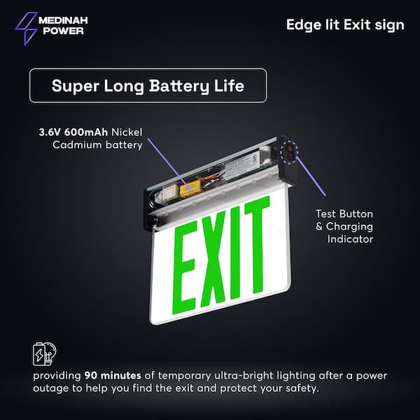 MEDINAH POWER LED Emergency Edge-Lit Exit Sign, 90 Min Backup