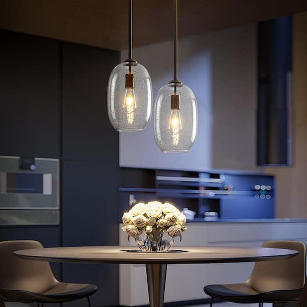 60-Watt 1-Light Gold Oval Pendant Light with Clear Seed Glass, No Bulbs Included
