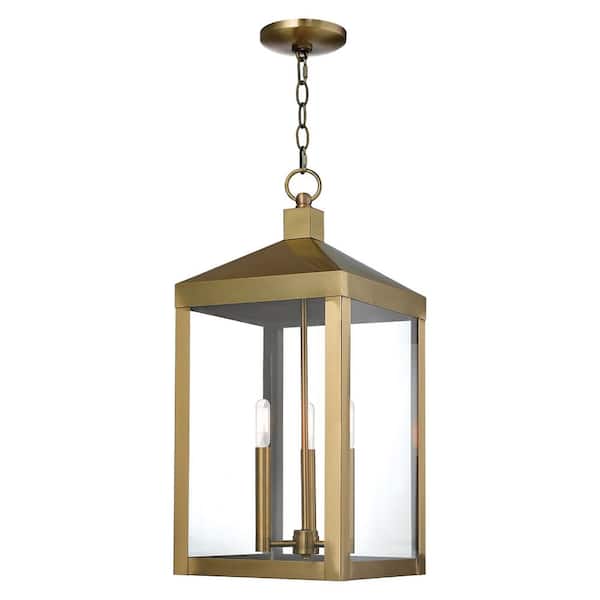 AVIANCE LIGHTING Creekview 24 in. 3-Light Antique Brass Dimmable Outdoor Pendant Light with Clear Glass and No Bulbs Included