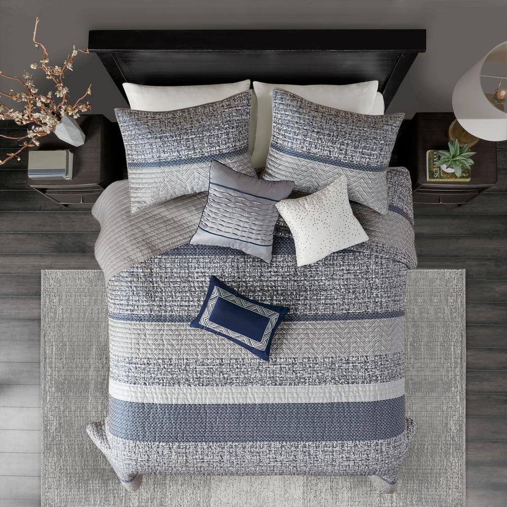 Gray and Navy King Reversible Jacquard Quilt Set