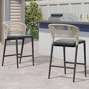 Modern Aluminum Low Back Rattan Counter Height Outdoor Bar Stool with Backrest and Dark Gray Cushion (2-Pack)