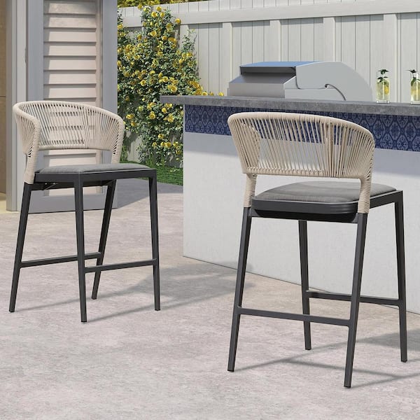 PURPLE LEAF Modern Aluminum Low Back Rattan Counter Height Outdoor Bar Stool with Backrest and Dark Gray Cushion (2-Pack)