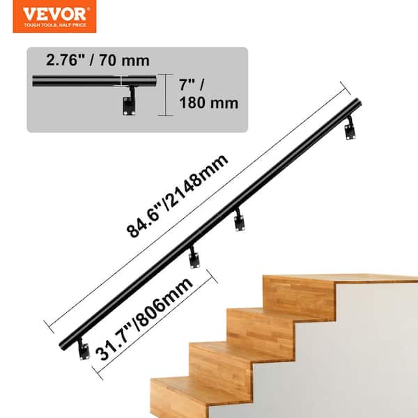 VEVOR Handrail Stair Railing 7 in. H x 84.6 in. W Wall Mount Handrails Black Aluminum Alloy handrails for indoor stairs