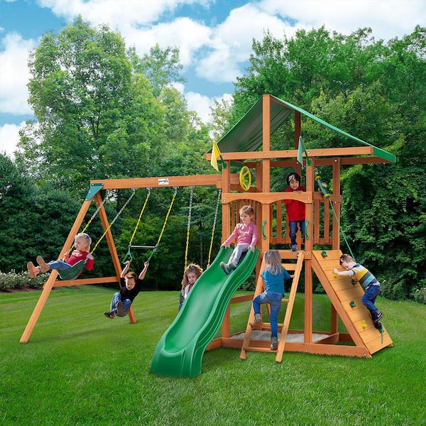Gorilla Playsets DYI Outing III Wooden Outdoor Playset with Tarp Roof, Rock Wall, Wave Slide, Swings, and Backyard Swing Set Accessories