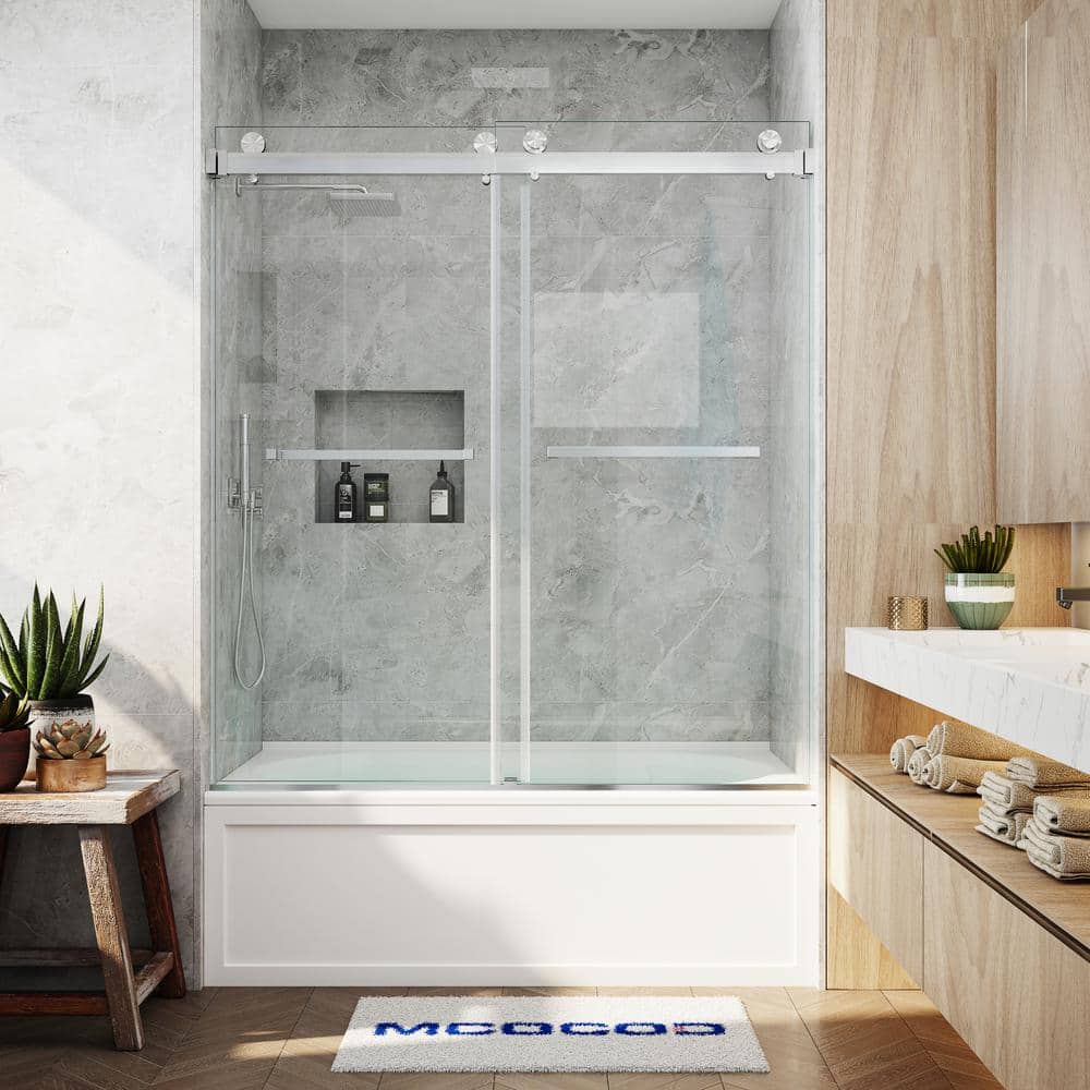VIGO Elan Frameless Adjustable Sliding Bathtub Door with Clear Glass,  Chrome, 60x66-in