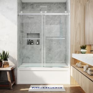 56-61 in. W x 66 in. H Double Sliding Frameless Smooth Sliding Tub Door in Brushed Nickel with 3/8 in. Clear Glass