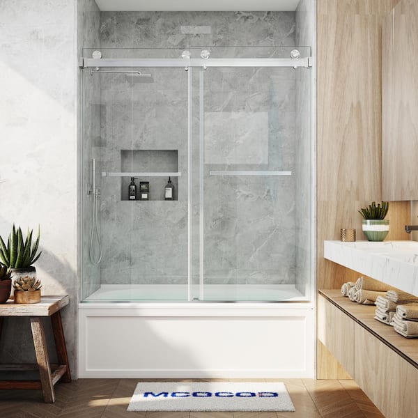 MCOCOD 60 in. W x 66 in. H Double Sliding Frameless Tub Door in Brushed Nickel with Smooth Sliding and 3/8 in. (10 mm) Glass