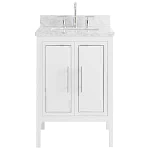 Exeter 24 in. W x 21 in. D x 34 in. H Single Sink Bath Vanity in White with Carrara Marble Top and Ceramic Basin