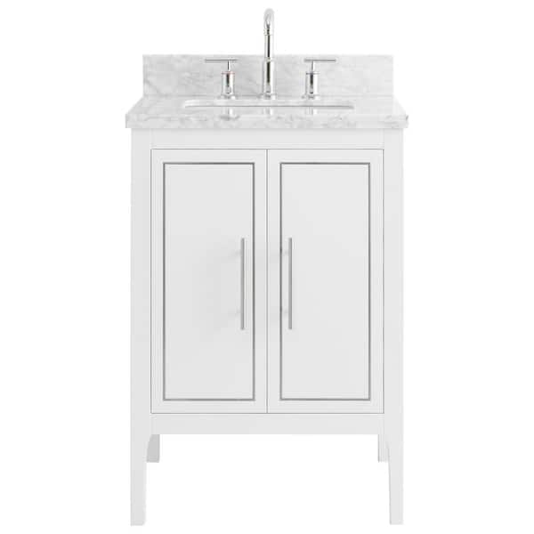 CHAMELEON CONCEPTS Exeter 24 in. W x 21 in. D x 34 in. H Single Sink Bath Vanity in White with Carrara Marble Top and Ceramic Basin