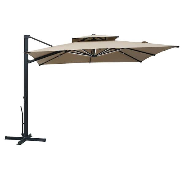 Boyel Living 10 x 10 ft. 360° Rotation Double Top Square Cantilever Patio Umbrella With Removable Light in Taupe